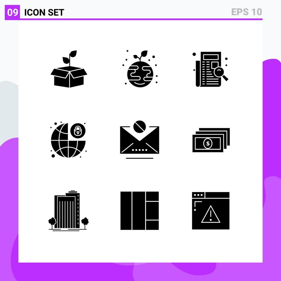 User Interface Pack of 9 Basic Solid Glyphs of security lock globe global protection listing Editable Vector Design Elements