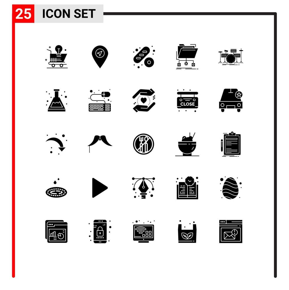 Pack of 25 Modern Solid Glyphs Signs and Symbols for Web Print Media such as drums network baguette folder data Editable Vector Design Elements