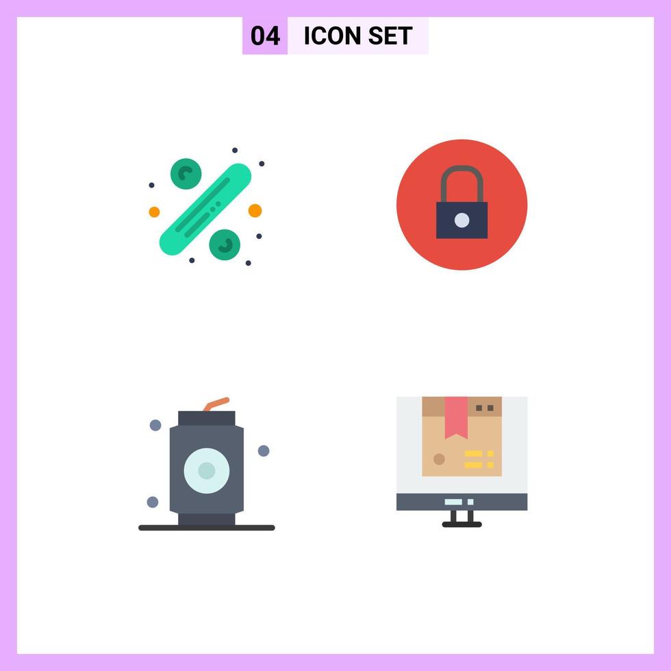 Modern Set of 4 Flat Icons Pictograph of percentage can tag media player food Editable Vector Design Elements