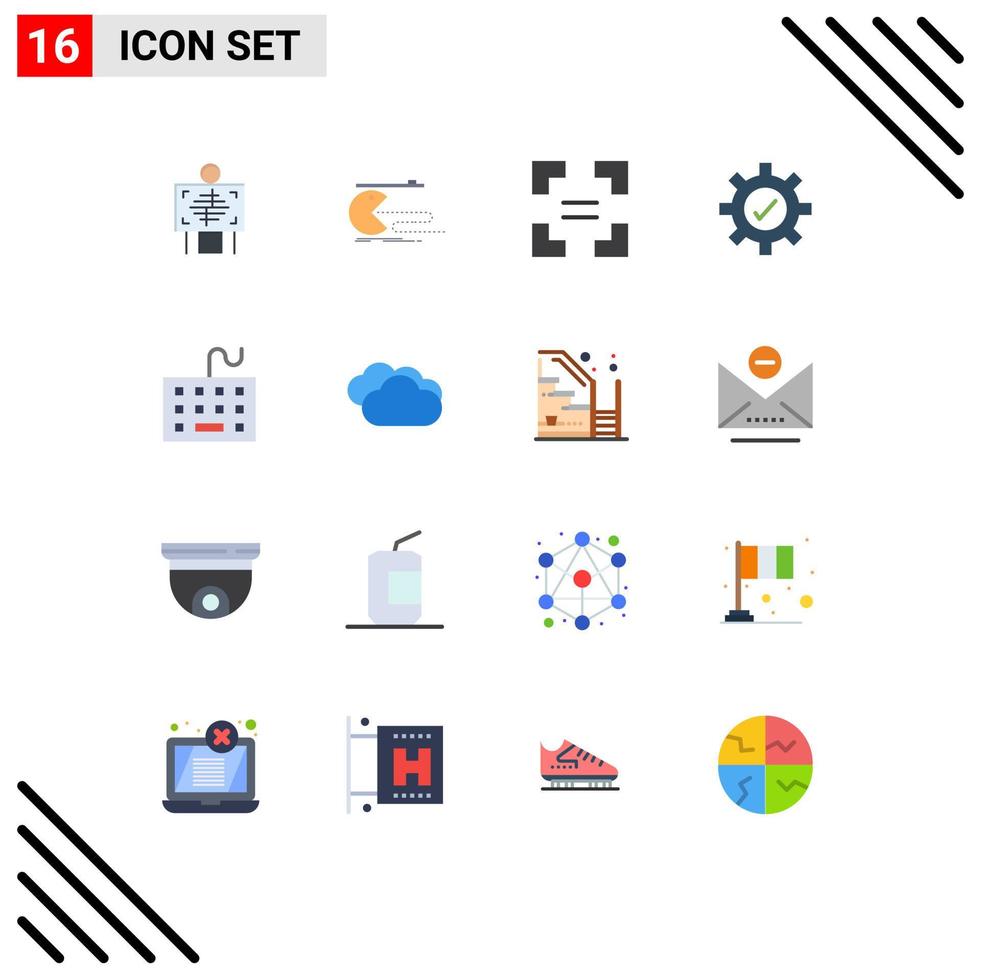 16 Thematic Vector Flat Colors and Editable Symbols of equipment computer pacman tick gear Editable Pack of Creative Vector Design Elements