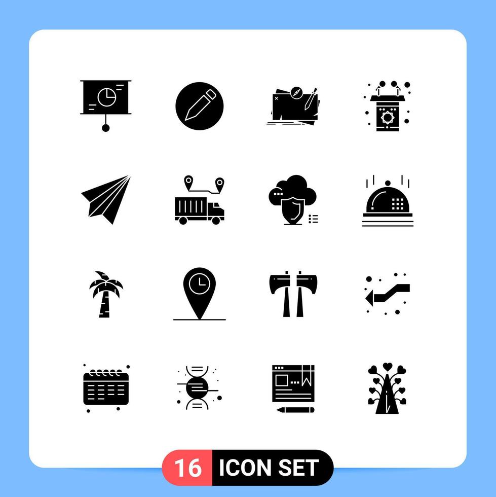 Editable Vector Line Pack of 16 Simple Solid Glyphs of contact speech map rostrum podium Editable Vector Design Elements