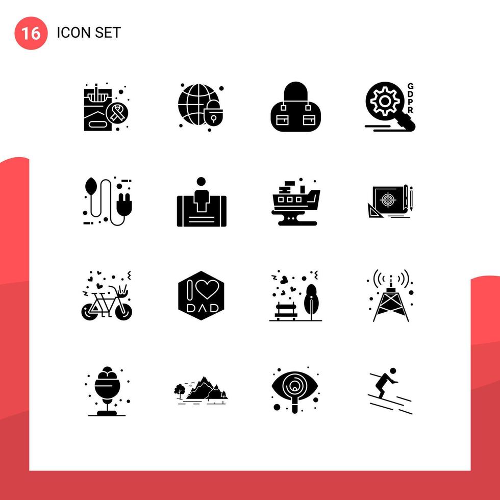 Pack of 16 creative Solid Glyphs of plug eco bag concept security Editable Vector Design Elements