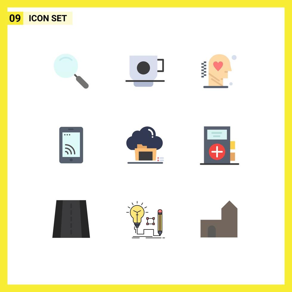 Pictogram Set of 9 Simple Flat Colors of folder wifi brain cell wellness Editable Vector Design Elements