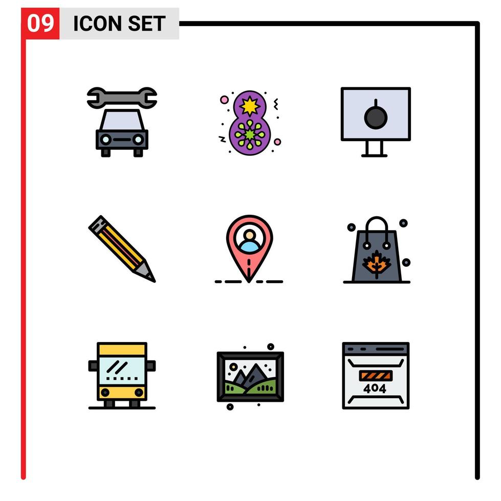 paquete de 9 signos y símbolos de colores planos de línea de relleno modernos para medios de impresión web, como elementos de diseño de vectores editables de educación escolar bloqueada de ubicación de usuario