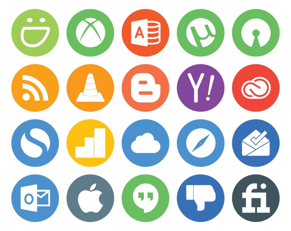 Paquete de 20 íconos de redes sociales que incluye icloud simple player adobe creative cloud vector