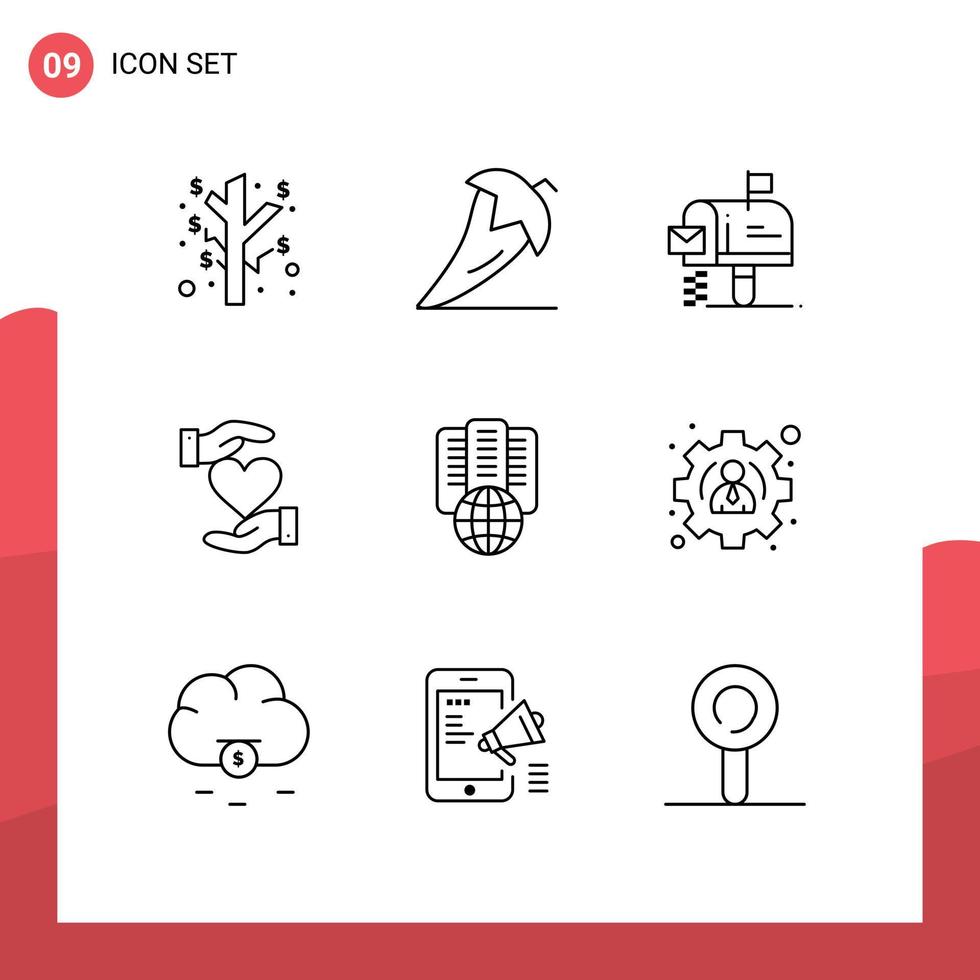 9 User Interface Outline Pack of modern Signs and Symbols of hosting favorite box hand heart Editable Vector Design Elements