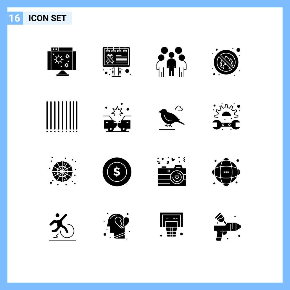 Mobile Interface Solid Glyph Set of 16 Pictograms of barcode no group fire person Editable Vector Design Elements