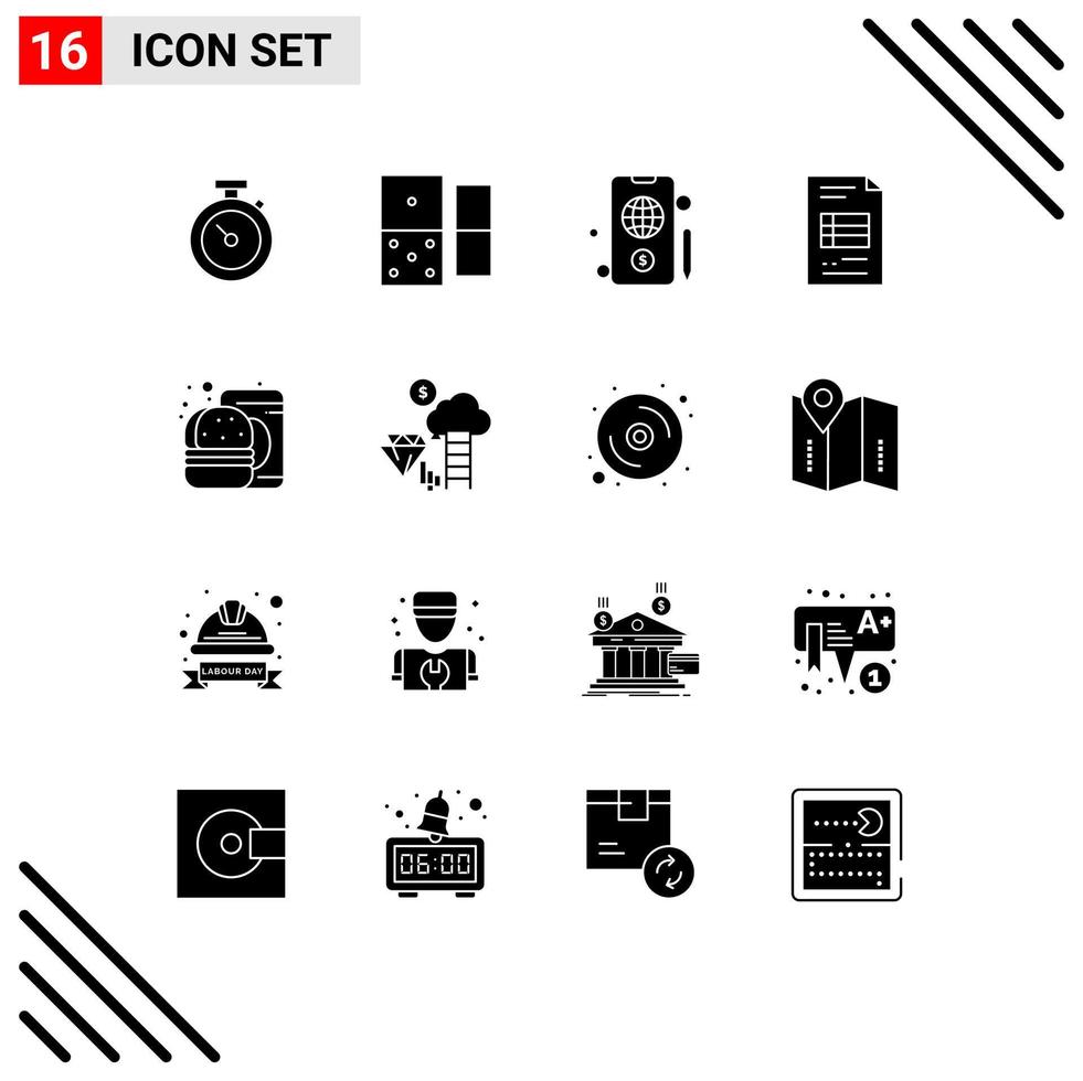 Set of 16 Modern UI Icons Symbols Signs for food drink globe burger business reporting Editable Vector Design Elements