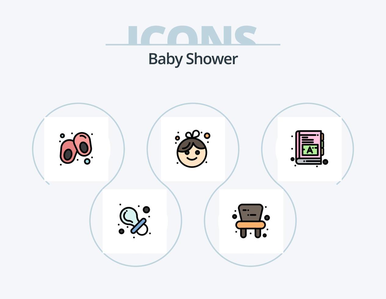 diseño de icono de paquete de 5 iconos llenos de línea de ducha de bebé. . recién nacido. tren. ropa. zapatos vector