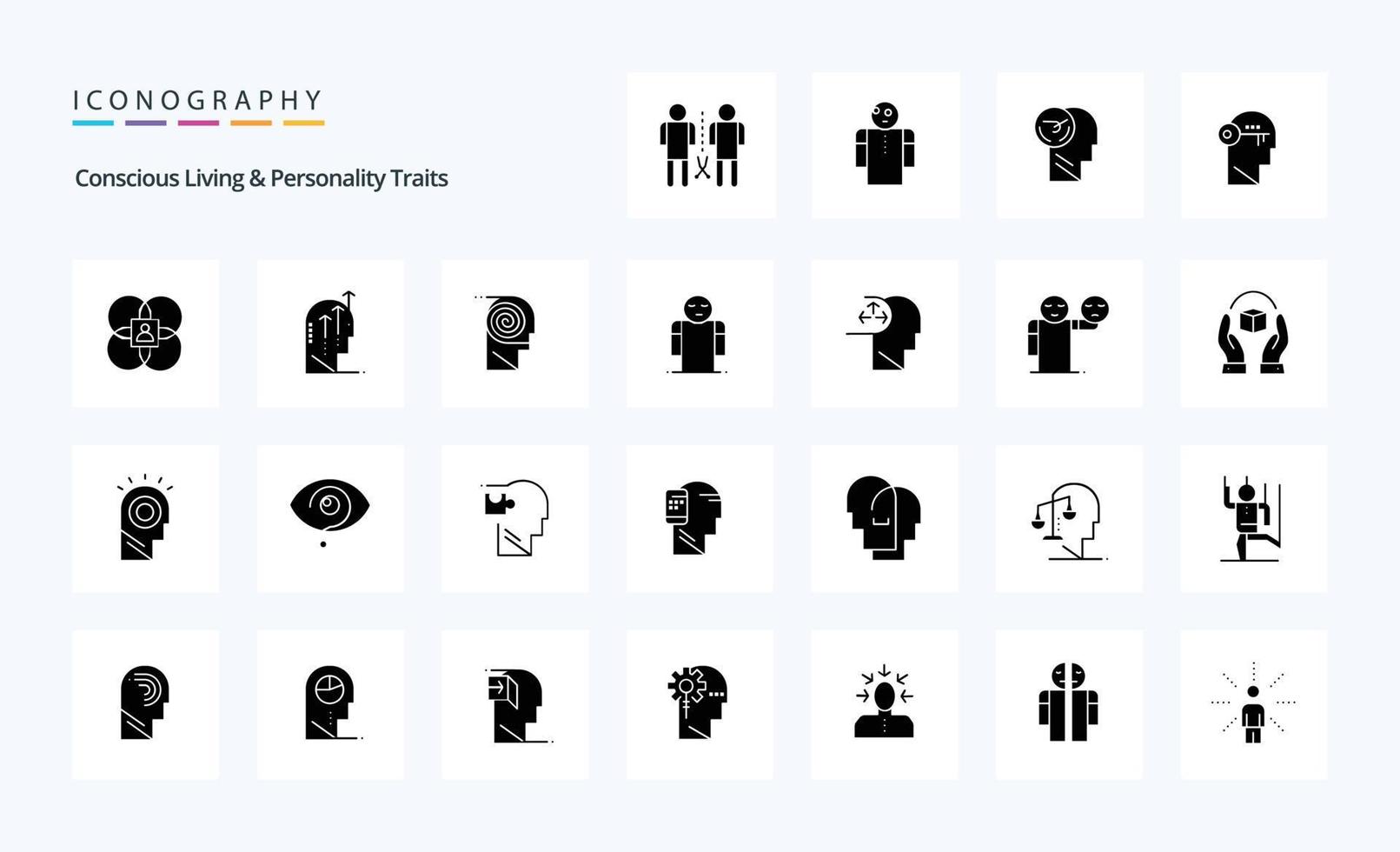 paquete de iconos de glifos sólidos de 25 rasgos de vida y personalidad conscientes vector