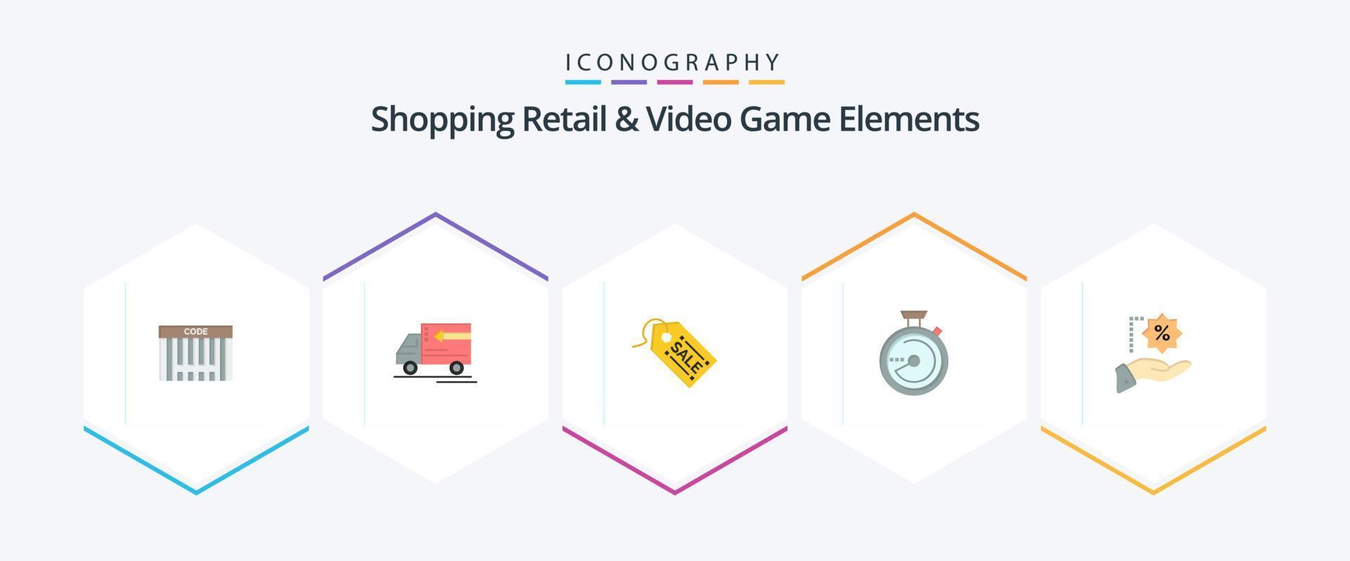 Compras minoristas y elementos de videojuegos Paquete de iconos planos de 25, incluido el porcentaje. ubicación. comercio electrónico navegación. navegar vector