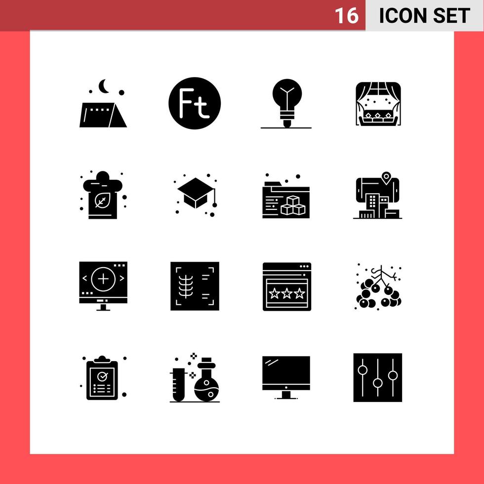 Pack of 16 Modern Solid Glyphs Signs and Symbols for Web Print Media such as hat cook bulb sofa living Editable Vector Design Elements