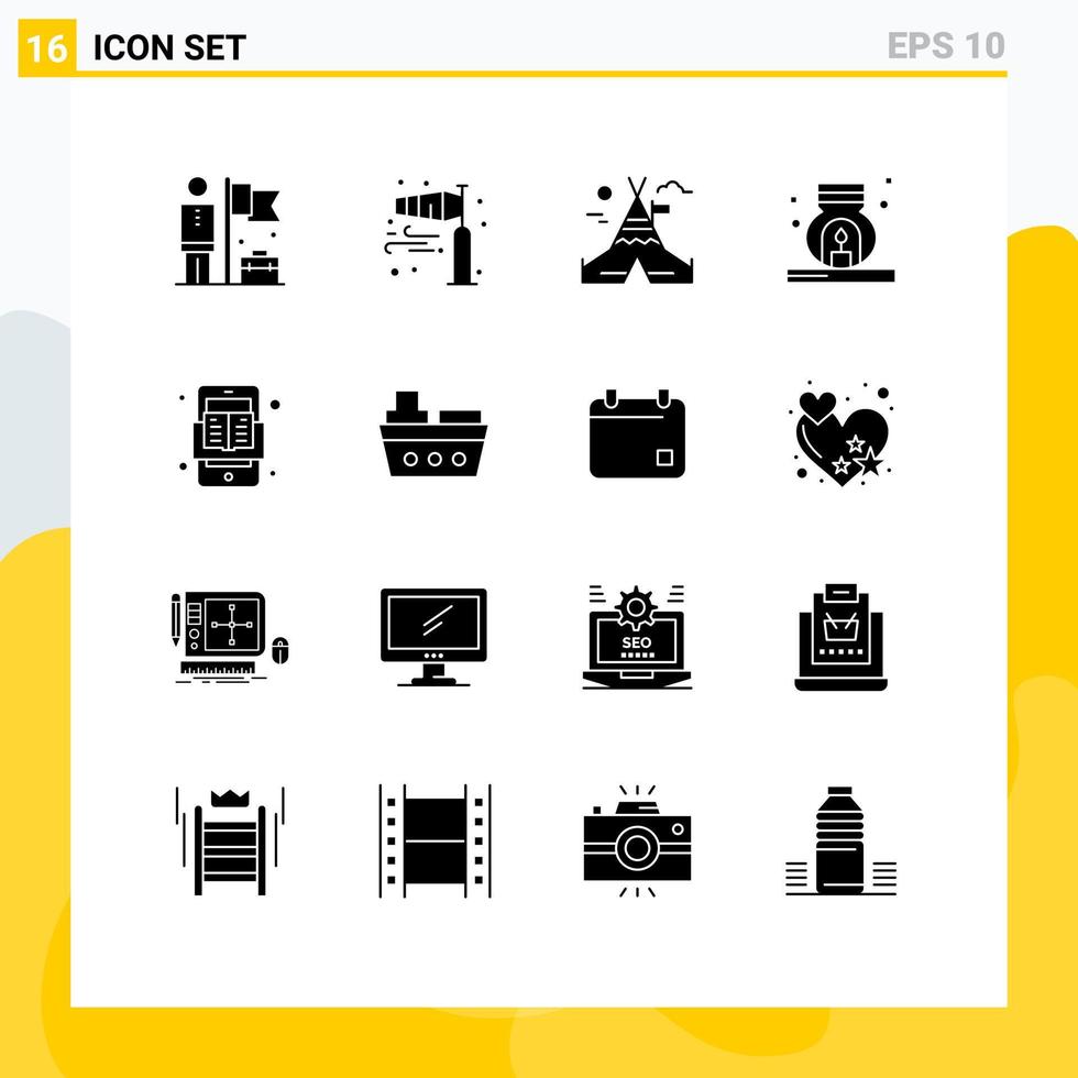 Group of 16 Modern Solid Glyphs Set for mobile spa storm scent burner Editable Vector Design Elements