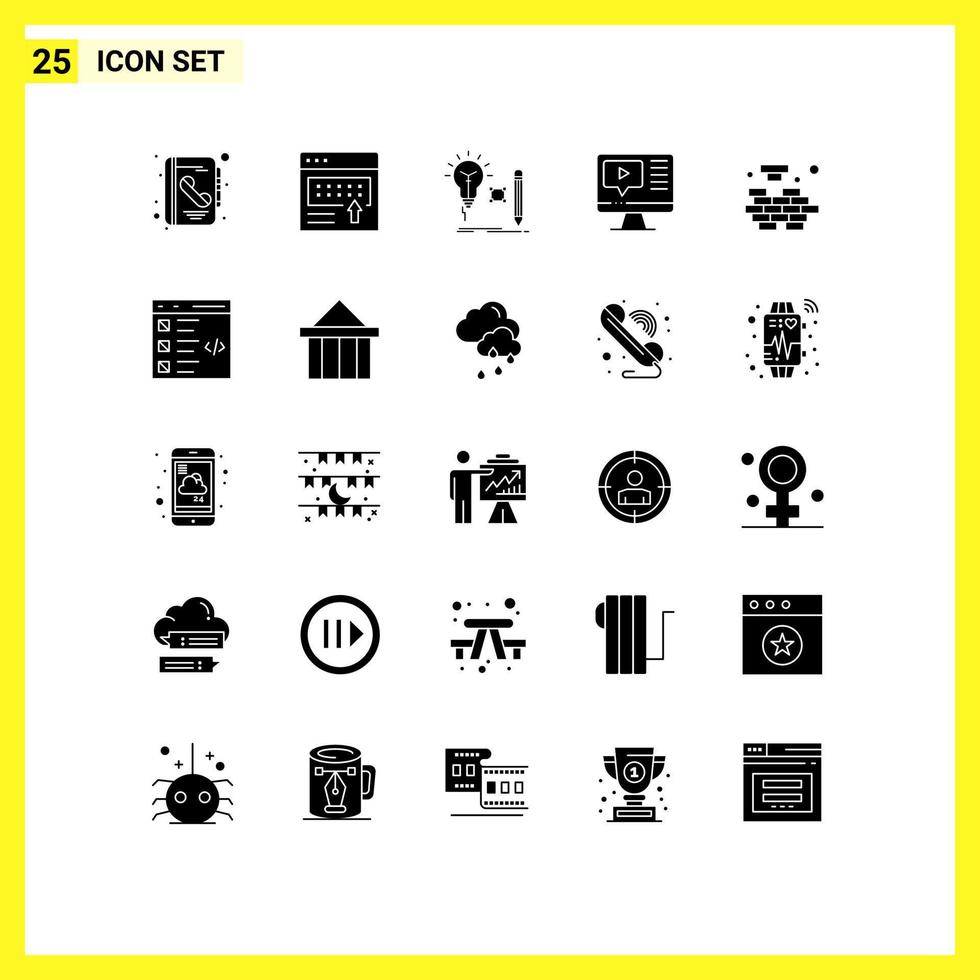 Pack of 25 Modern Solid Glyphs Signs and Symbols for Web Print Media such as education play page computer lamp Editable Vector Design Elements