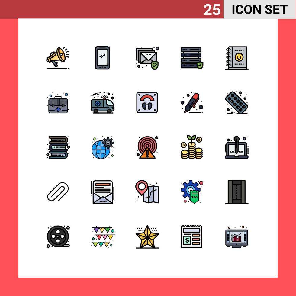 25 Universal Filled line Flat Color Signs Symbols of aid office email notebook security Editable Vector Design Elements