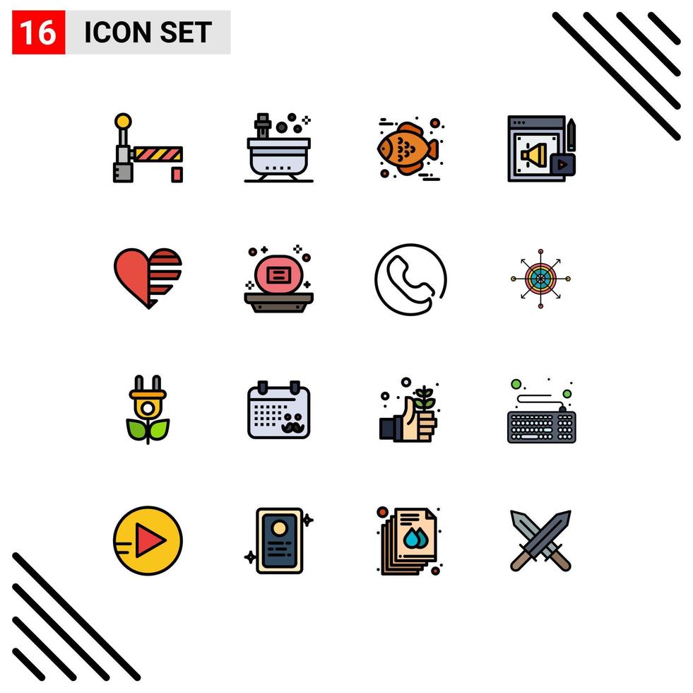 Set of 16 Vector Flat Color Filled Lines on Grid for like heart fish megaphone digital marketing Editable Creative Vector Design Elements