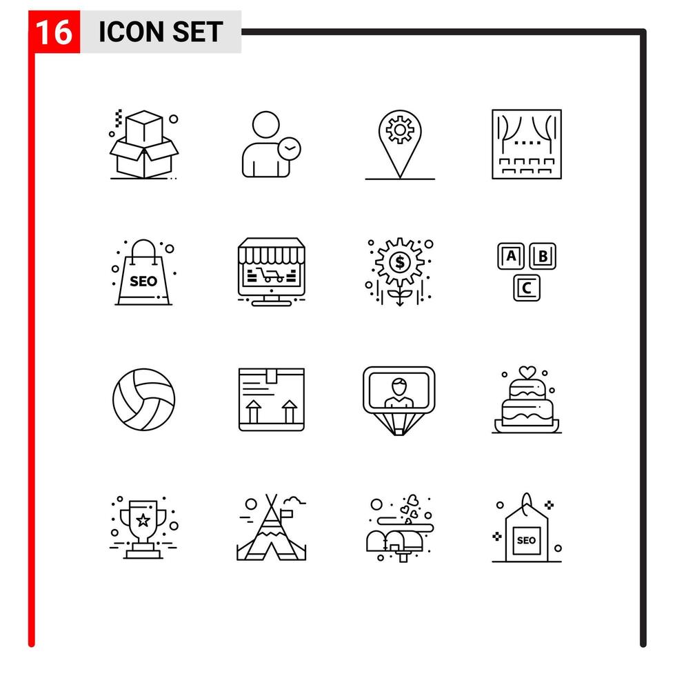 User Interface Pack of 16 Basic Outlines of seo complex location theater event Editable Vector Design Elements