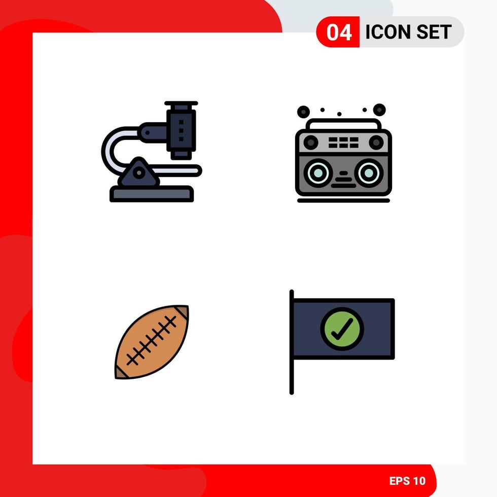 Mobile Interface Filledline Flat Color Set of 4 Pictograms of chemistry afl microscope music football Editable Vector Design Elements