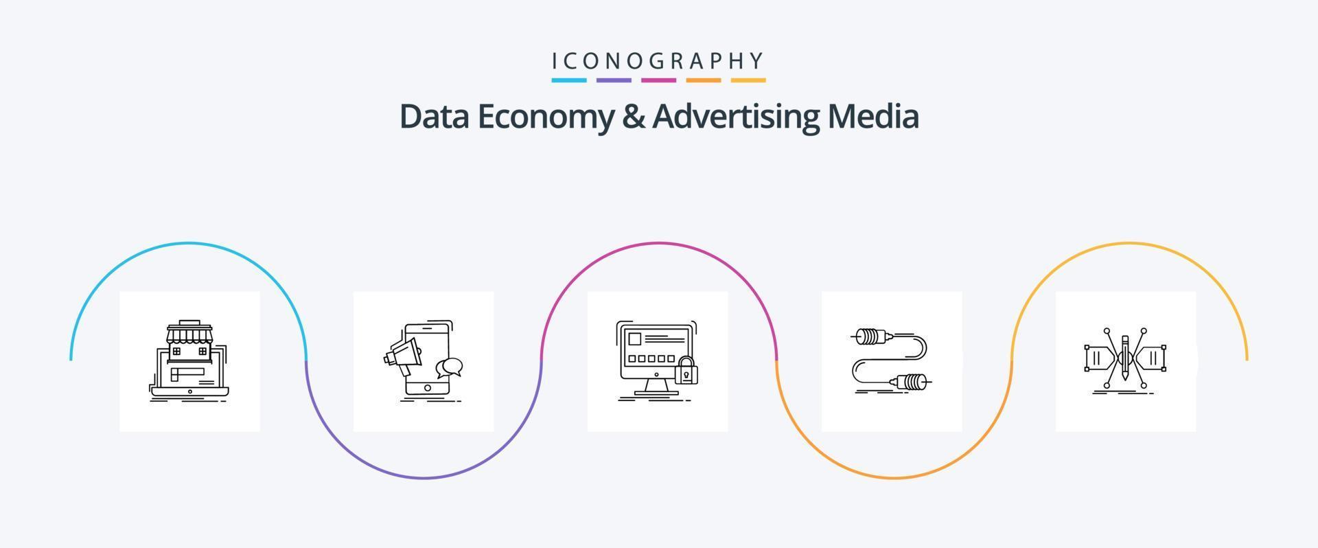 economía de datos y paquete de iconos de la línea 5 de medios publicitarios, incluida la comunicación. megáfono. seguro. cerrar vector