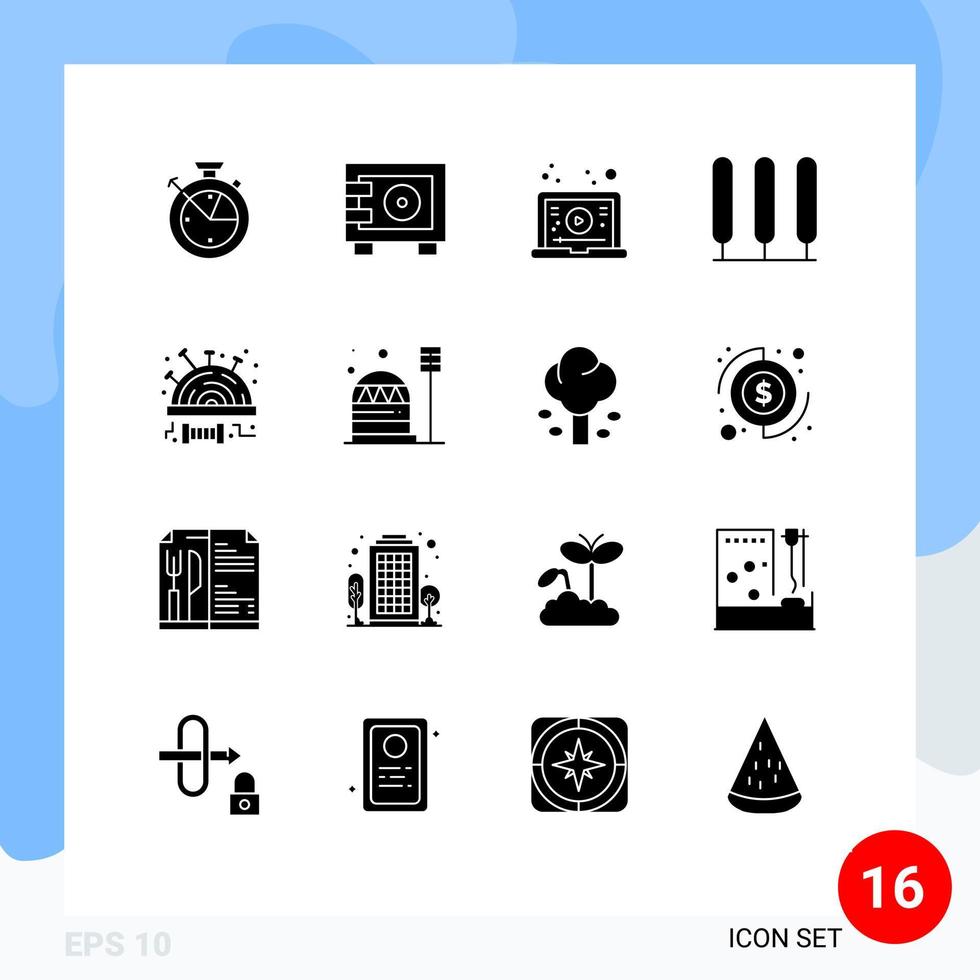 conjunto moderno de 16 glifos y símbolos sólidos, como coser modestos elementos de diseño de vectores editables de ciprés de árbol de Internet