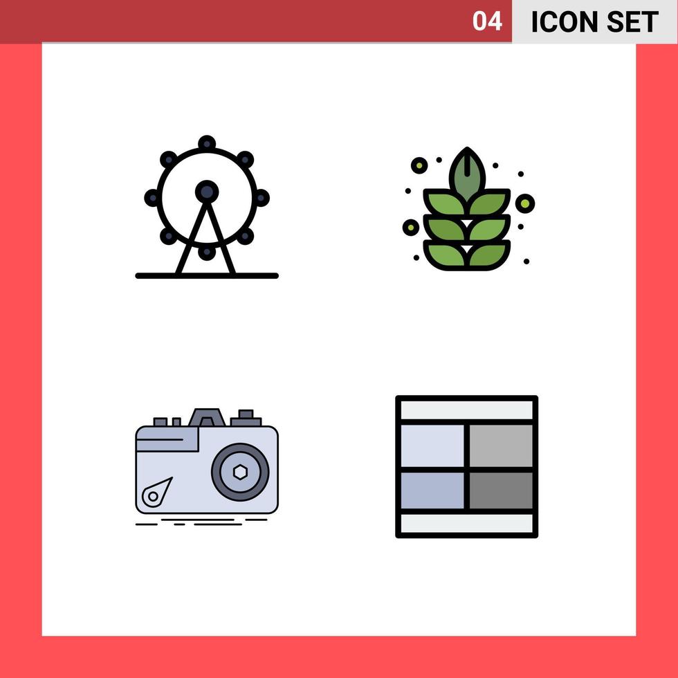 conjunto de color plano de línea de relleno de interfaz móvil de 4 pictogramas de elementos de diseño de vector editables de apertura de planta de signo de captura de vacaciones