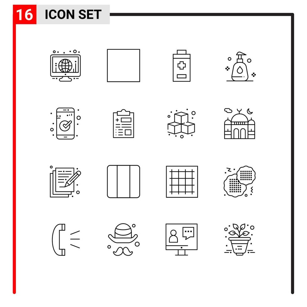 Mobile Interface Outline Set of 16 Pictograms of essential app stop clean cleaning Editable Vector Design Elements