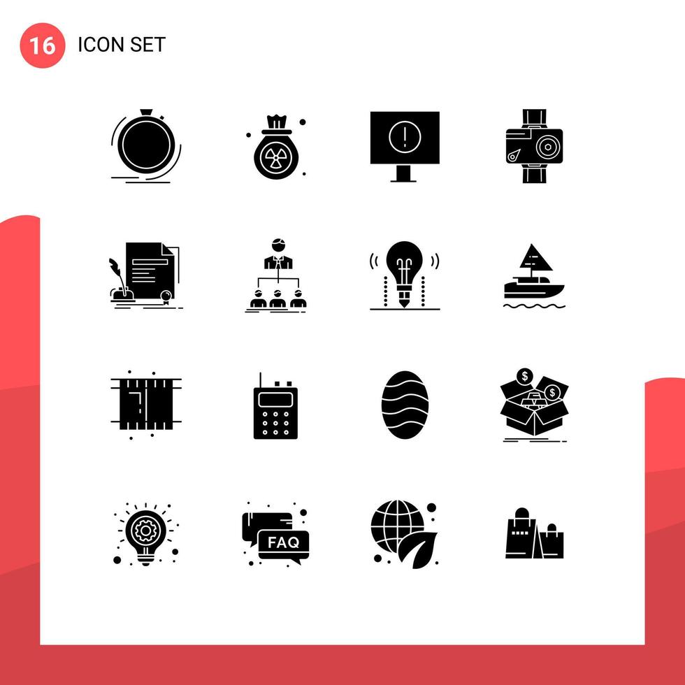 Solid Glyph Pack of 16 Universal Symbols of contract video waste digital camera Editable Vector Design Elements