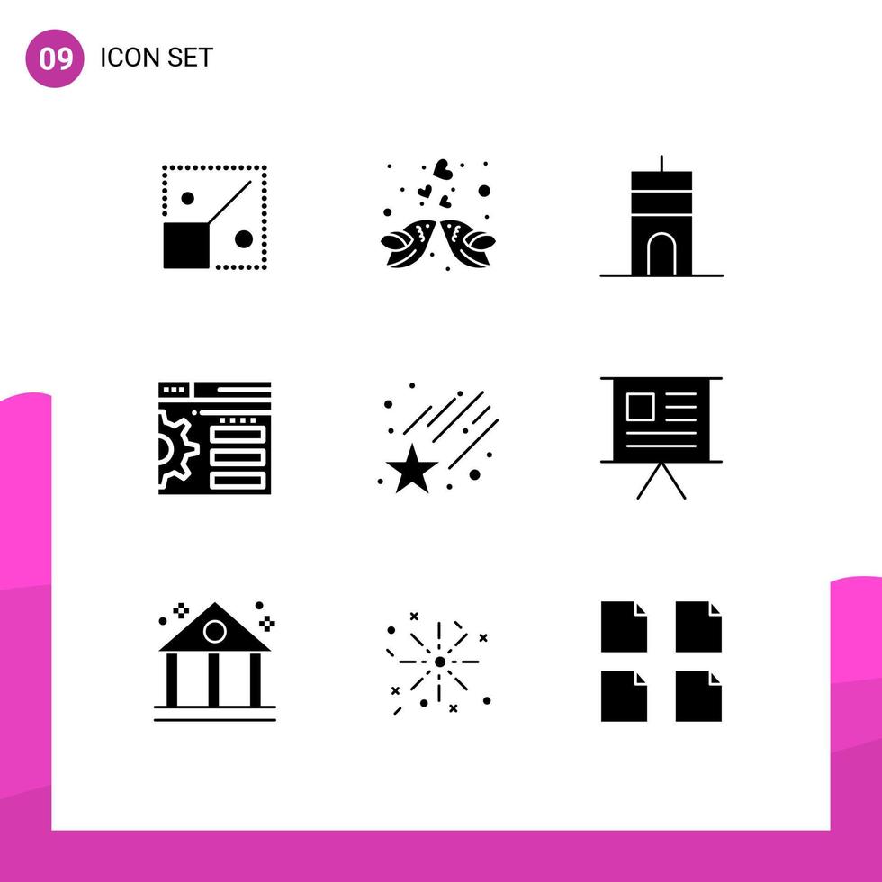 Editable Vector Line Pack of 9 Simple Solid Glyphs of space web romantic setting tower Editable Vector Design Elements