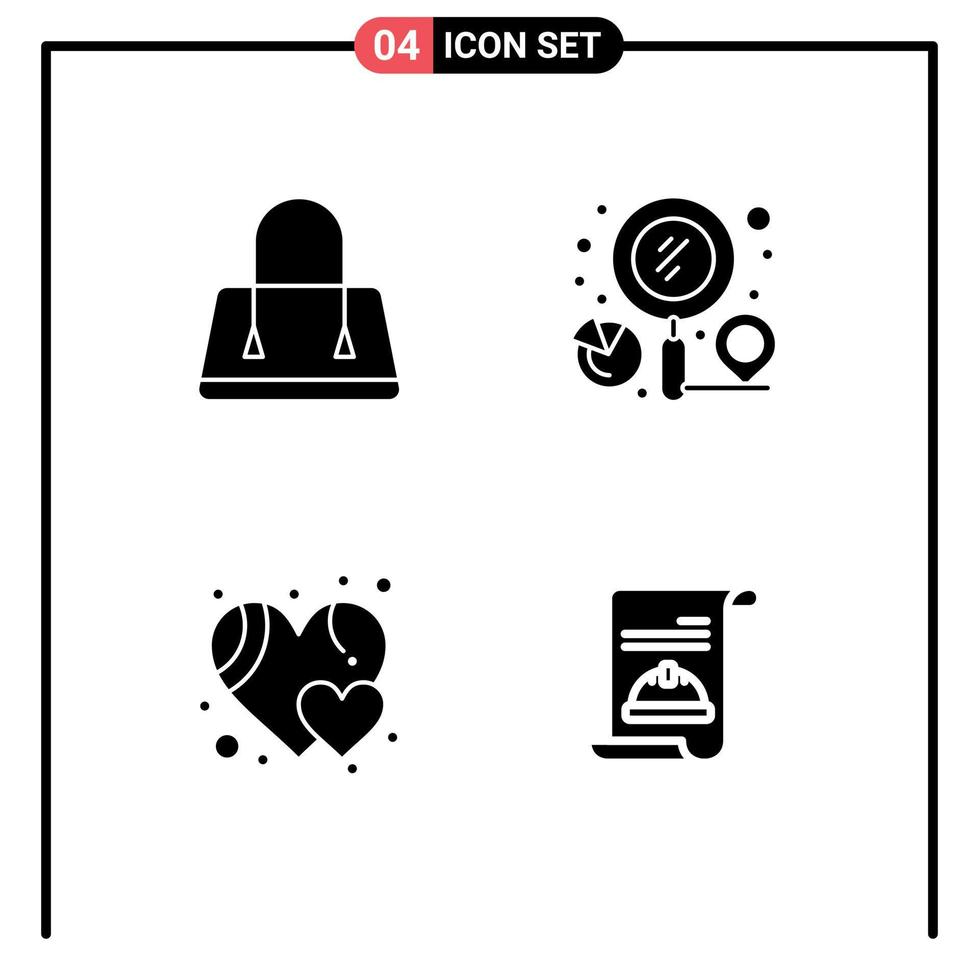 Pack of 4 creative Solid Glyphs of bag heart finder search invitation Editable Vector Design Elements