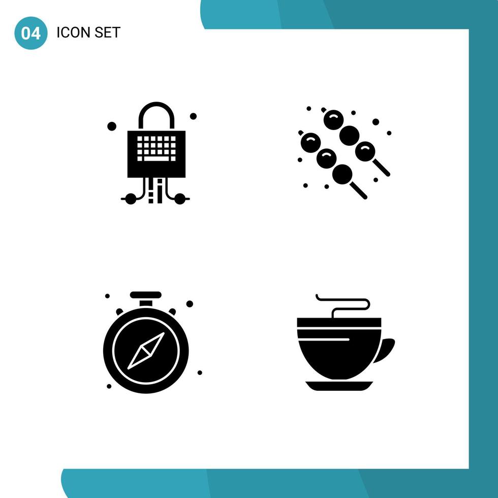 4 Thematic Vector Solid Glyphs and Editable Symbols of lock watch technology summer tea Editable Vector Design Elements