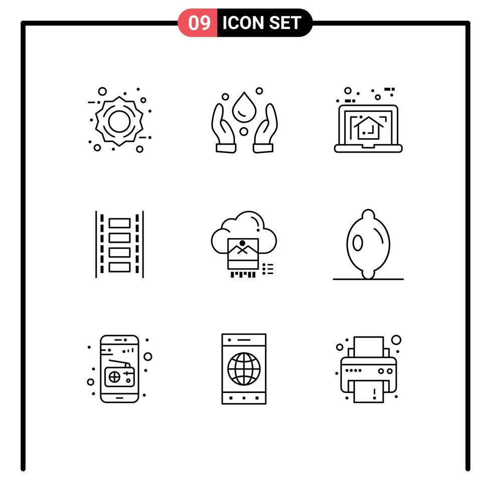 Mobile Interface Outline Set of 9 Pictograms of file photo laptop filmstrip film Editable Vector Design Elements