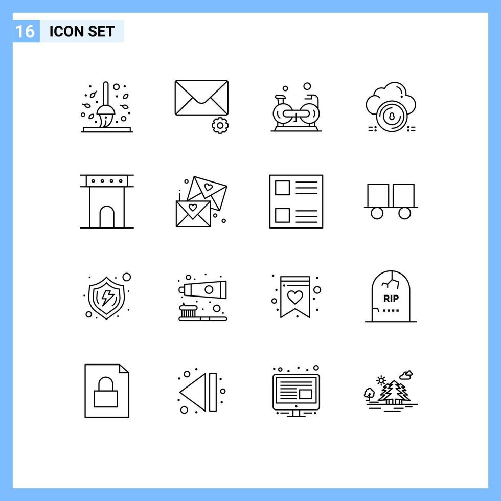 Pack of 16 Modern Outlines Signs and Symbols for Web Print Media such as data protect cycling secure cardio Editable Vector Design Elements
