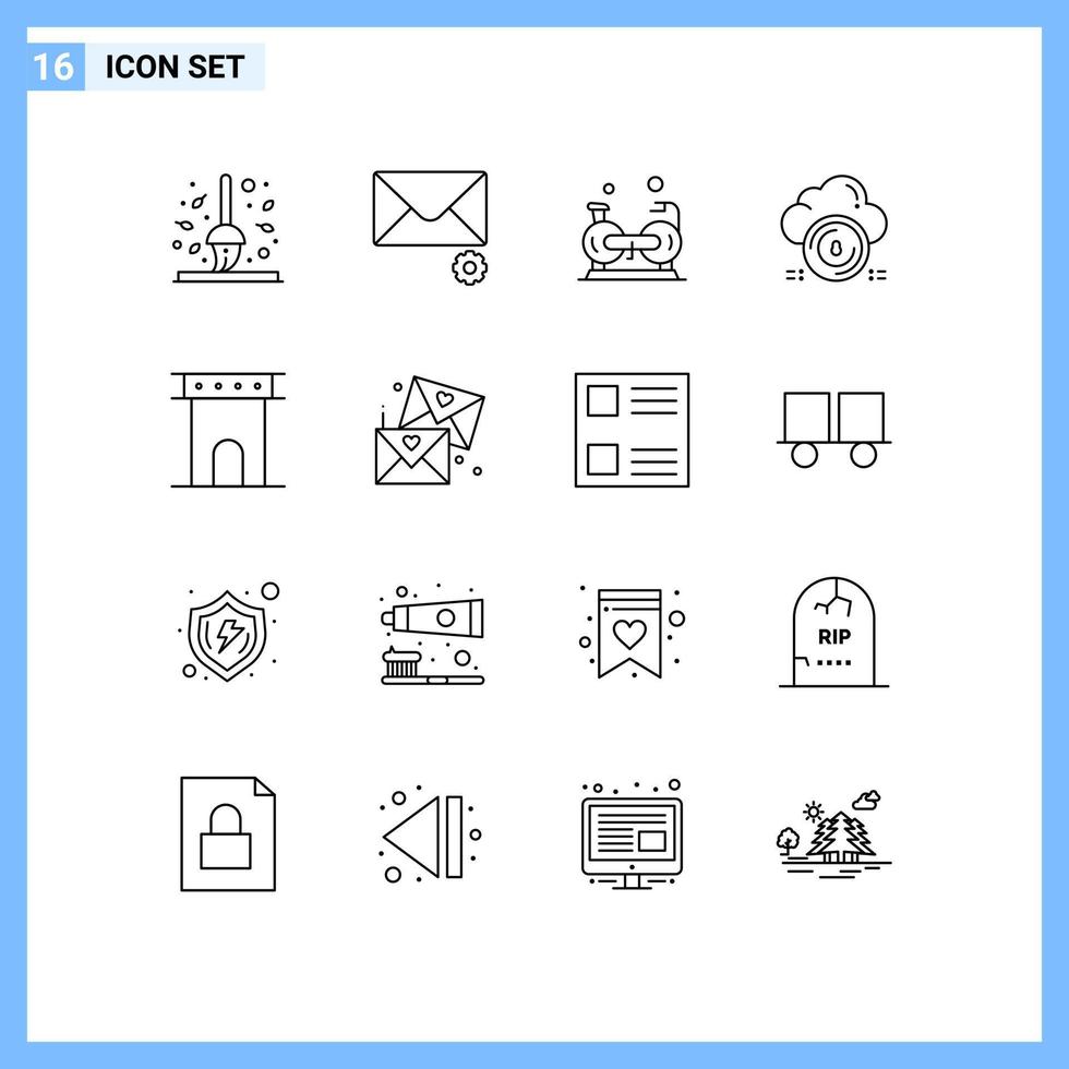 paquete de 16 signos y símbolos de esquemas modernos para medios de impresión web, como protección de datos, ciclismo, elementos de diseño de vectores editables de cardio seguro