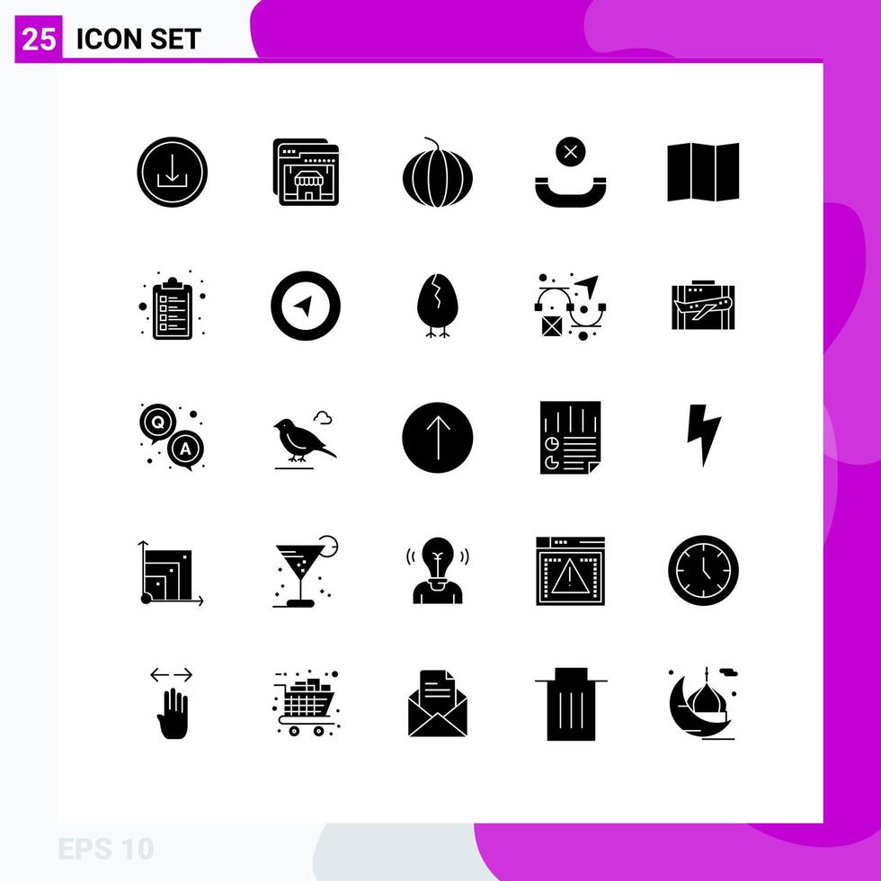 25 Universal Solid Glyphs Set for Web and Mobile Applications list check list fruit map hang up Editable Vector Design Elements