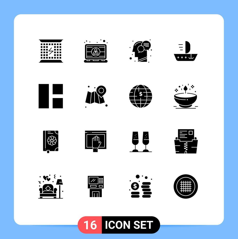 Pack of 16 Modern Solid Glyphs Signs and Symbols for Web Print Media such as skiff sail laptop talk human Editable Vector Design Elements