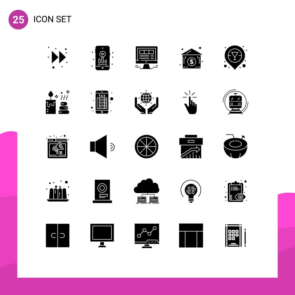 Solid Glyph Pack of 25 Universal Symbols of spa liquor website champagne bar location house Editable Vector Design Elements