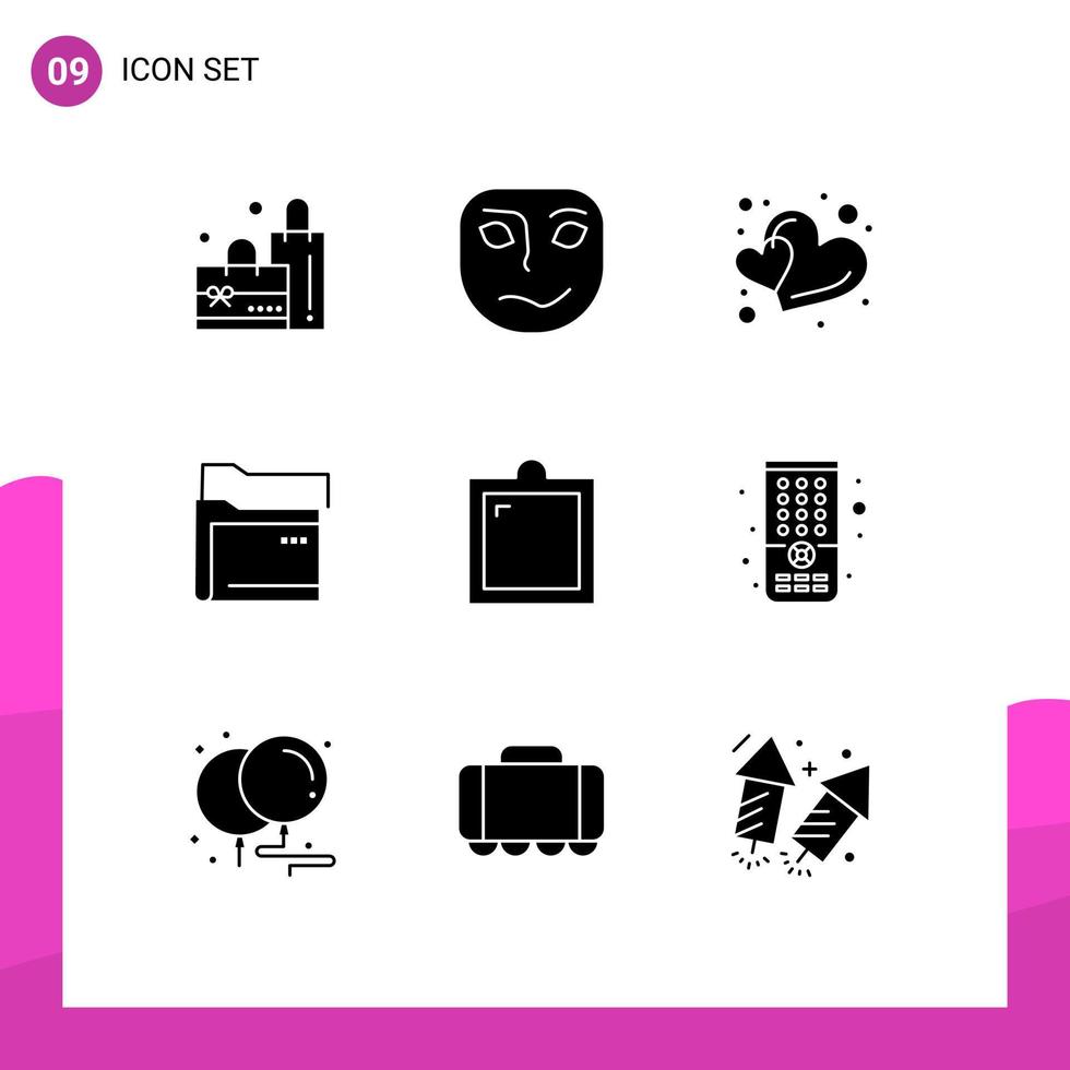 Pack of 9 Modern Solid Glyphs Signs and Symbols for Web Print Media such as interior decor love network folder Editable Vector Design Elements