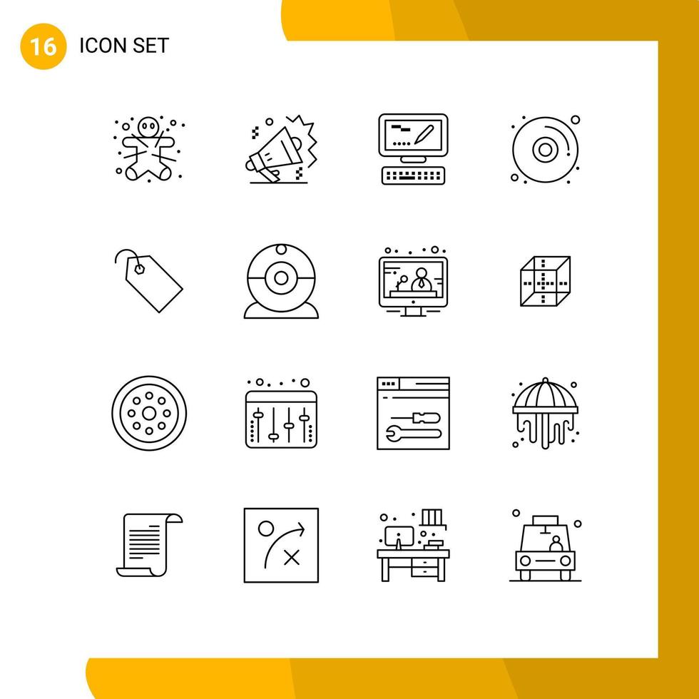 16 User Interface Outline Pack of modern Signs and Symbols of ticket tag computer price disk Editable Vector Design Elements