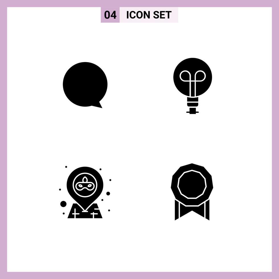 Pack of 4 creative Solid Glyphs of chat party bulb location license Editable Vector Design Elements