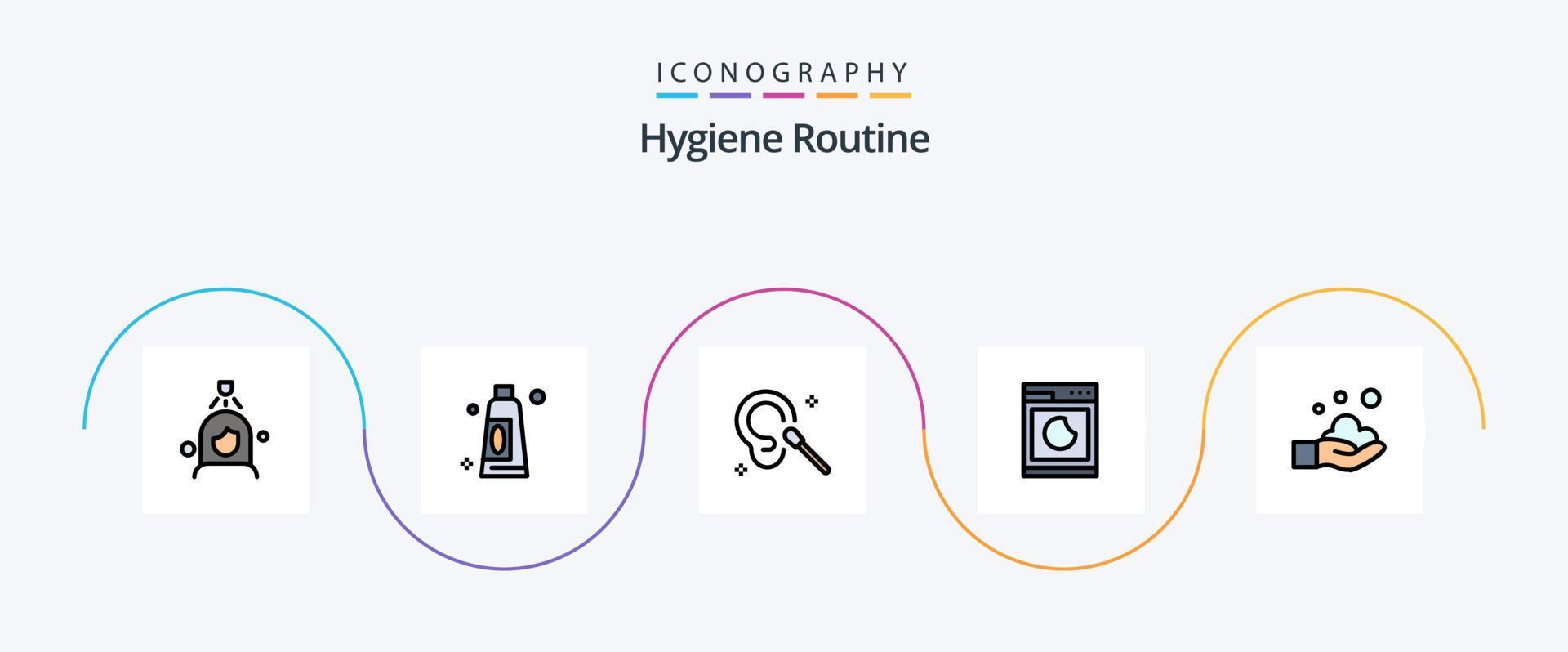 Hygiene Routine Line Filled Flat 5 Icon Pack Including soap. cleaning. ear. clean. machine vector