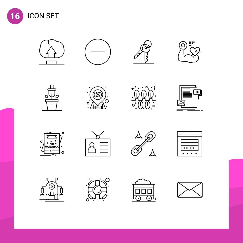 Set of 16 Modern UI Icons Symbols Signs for technology plug keys beat muscle Editable Vector Design Elements