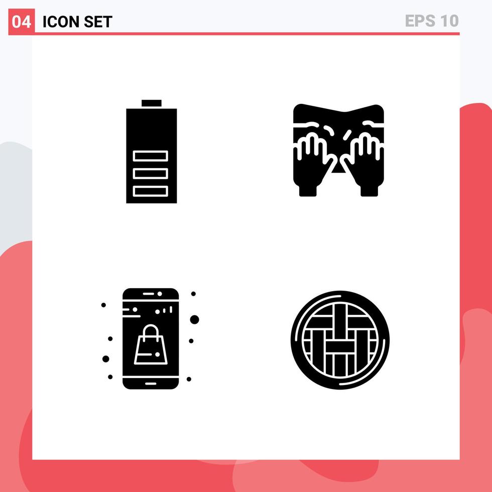 4 User Interface Solid Glyph Pack of modern Signs and Symbols of battery bag energy type shopping Editable Vector Design Elements