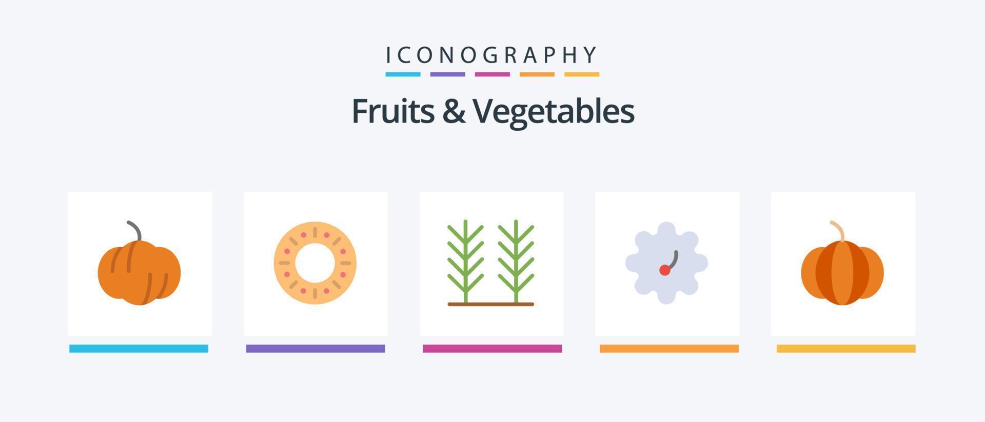 Paquete de 5 iconos planos de frutas y verduras que incluye. Patterson. . diseño de iconos creativos vector