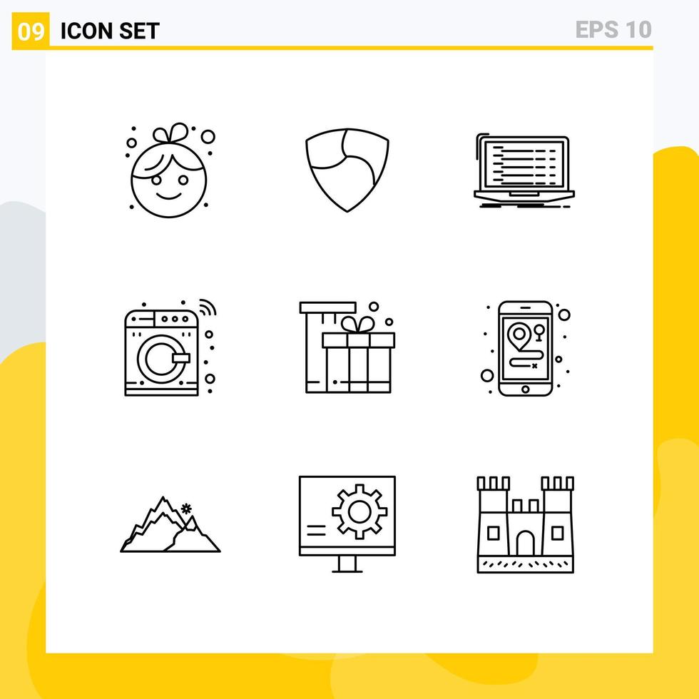 conjunto de esquema de interfaz móvil de 9 pictogramas de elementos de diseño de vector editables de computadora portátil de máquina api inteligente de regalo