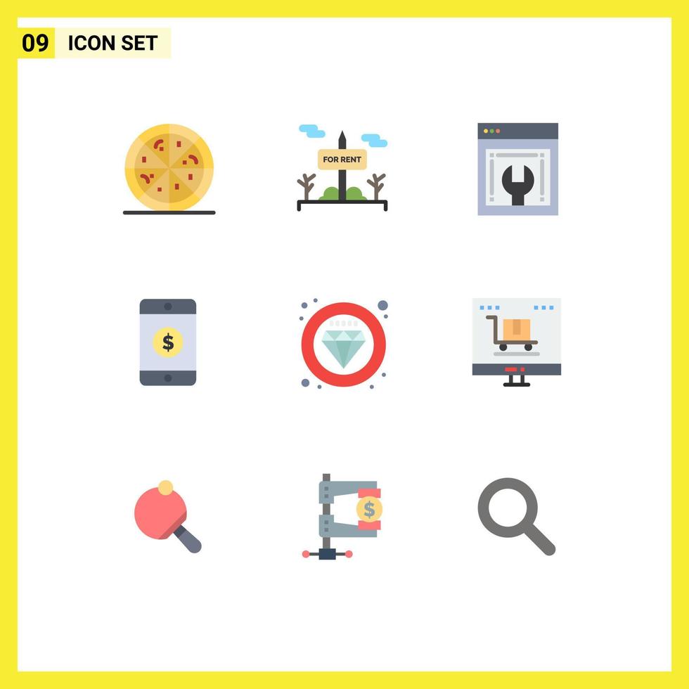 Flat Color Pack of 9 Universal Symbols of advertising quality web development premium sign Editable Vector Design Elements