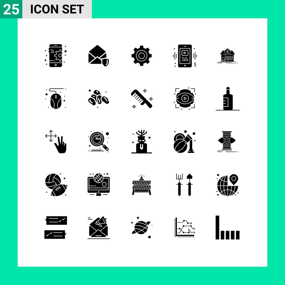 Pack of 25 Modern Solid Glyphs Signs and Symbols for Web Print Media such as house mobile general player smart Editable Vector Design Elements