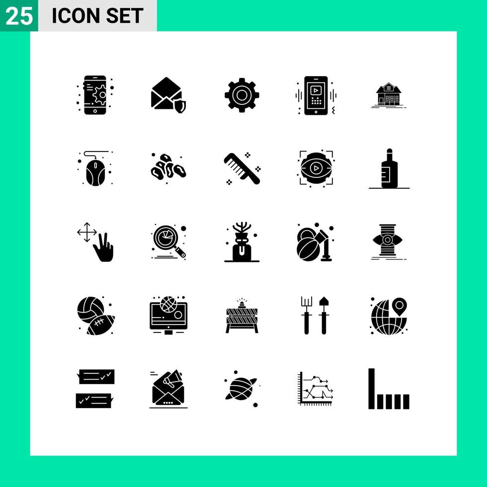 paquete de 25 signos y símbolos de glifos sólidos modernos para medios de impresión web, como elementos de diseño de vectores editables inteligentes de reproductor general móvil doméstico