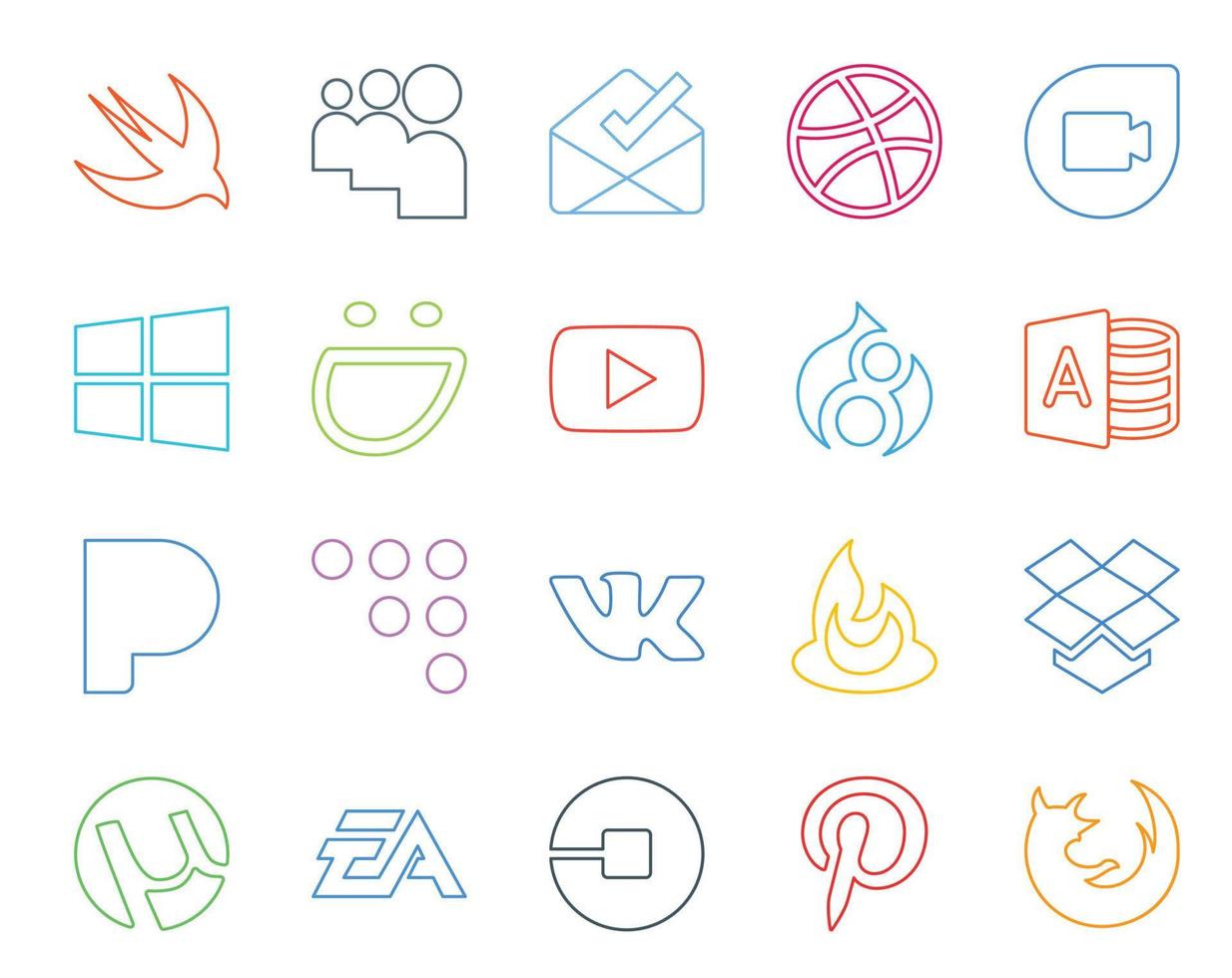 Paquete de 20 íconos de redes sociales que incluye artes electrónicas dropbox video feedburner coderwall vector