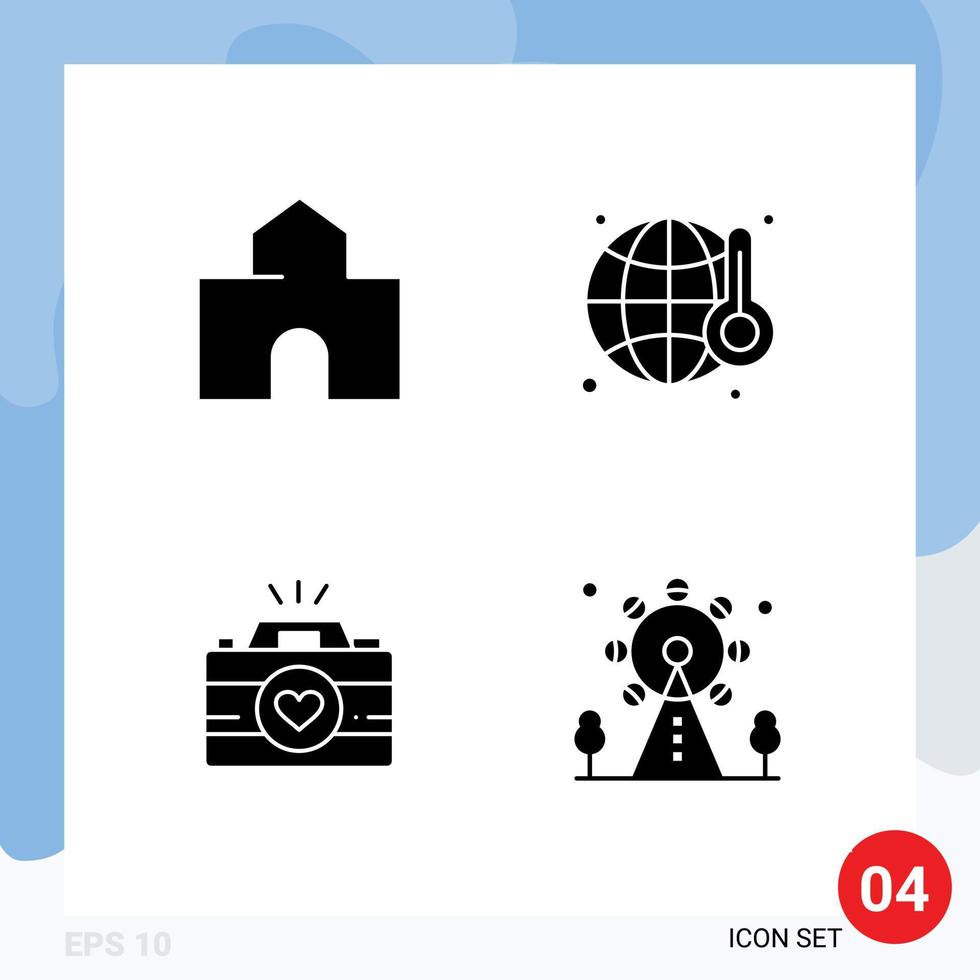 Mobile Interface Solid Glyph Set of 4 Pictograms of architecture camera landmark pollution video cam Editable Vector Design Elements