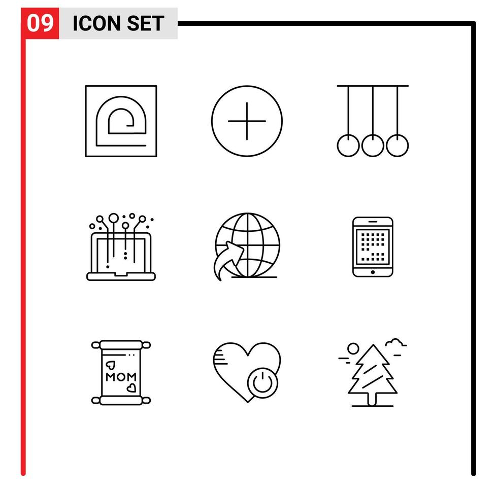 Editable Vector Line Pack of 9 Simple Outlines of arrow media multimedia laptop sport Editable Vector Design Elements